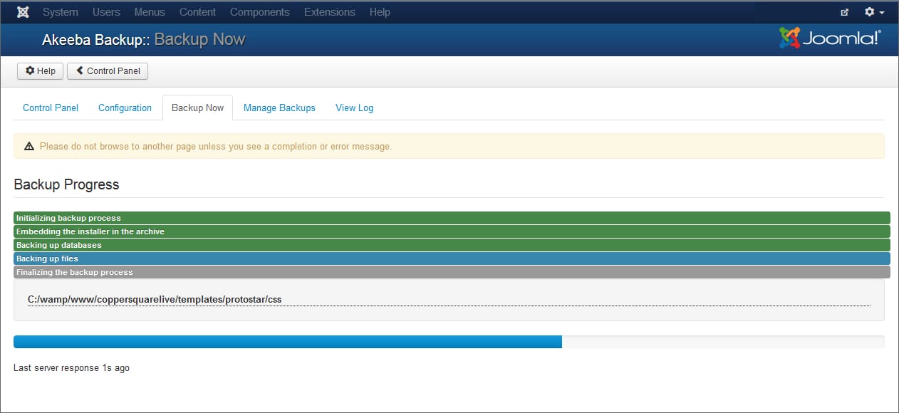 Joomla-Akeeba-Backup-Progress-View