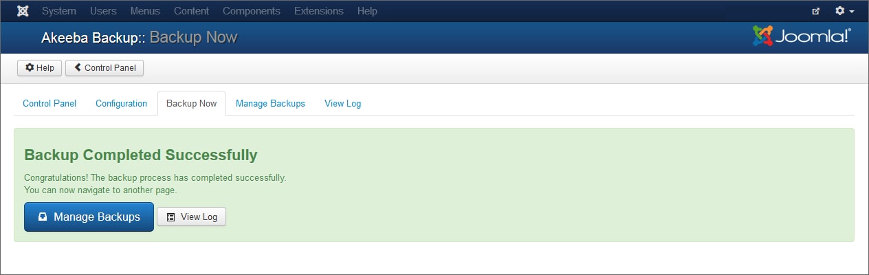 Joomla-Akeeba-Backup-Success-View