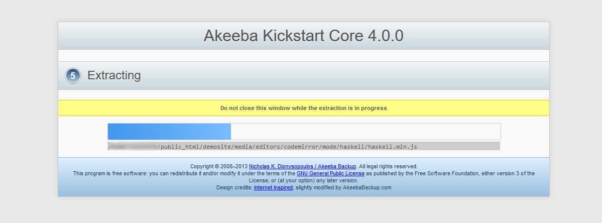Akeeba Kickstart Extraction progress