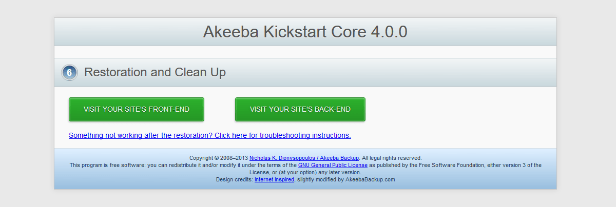 Akeeba Kickstart FrontEnd Backend Buttons