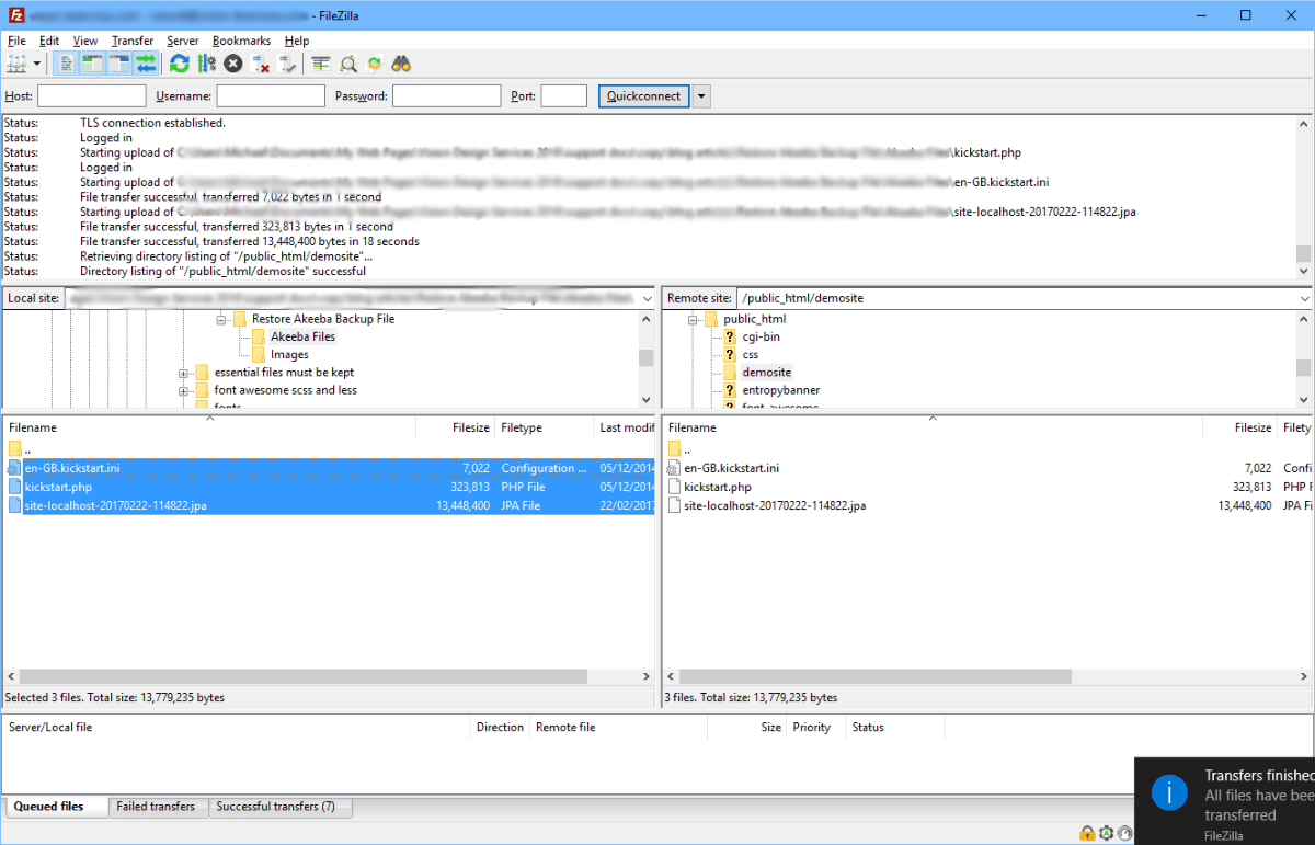 Filezilla Showing Highlighted Files Uploaded
