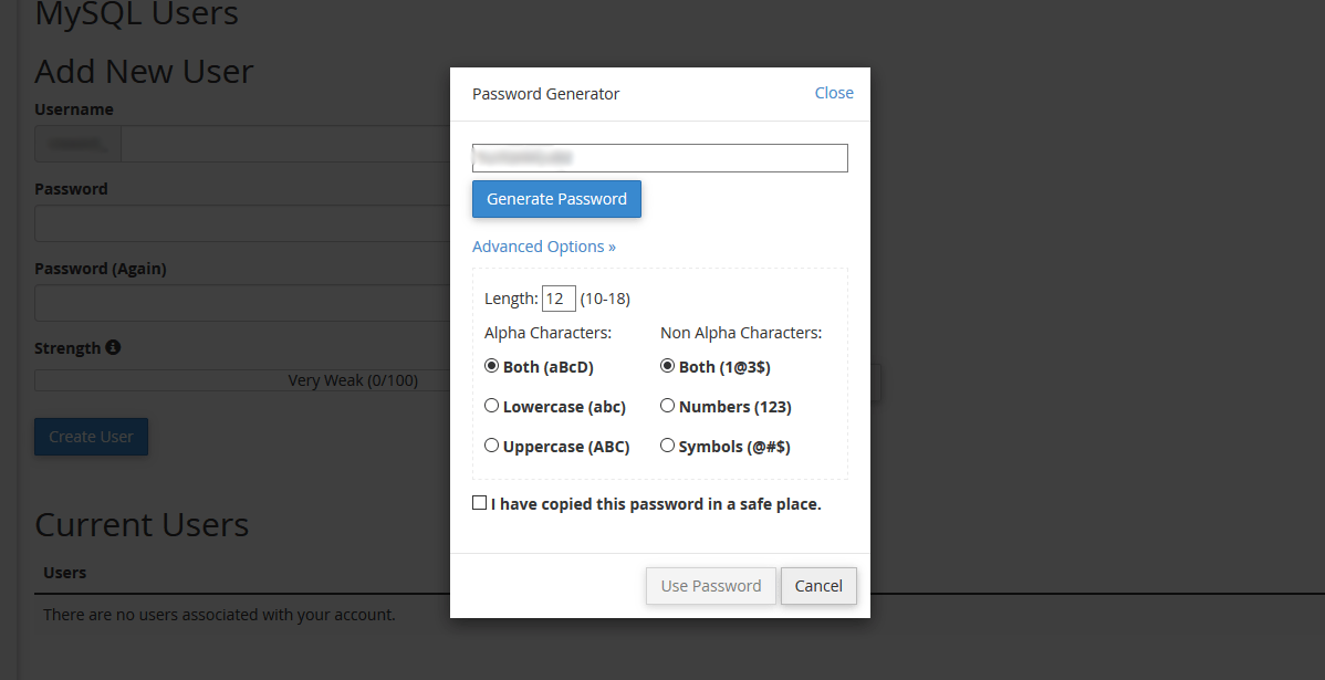 cPanel MySQL User Password Generator